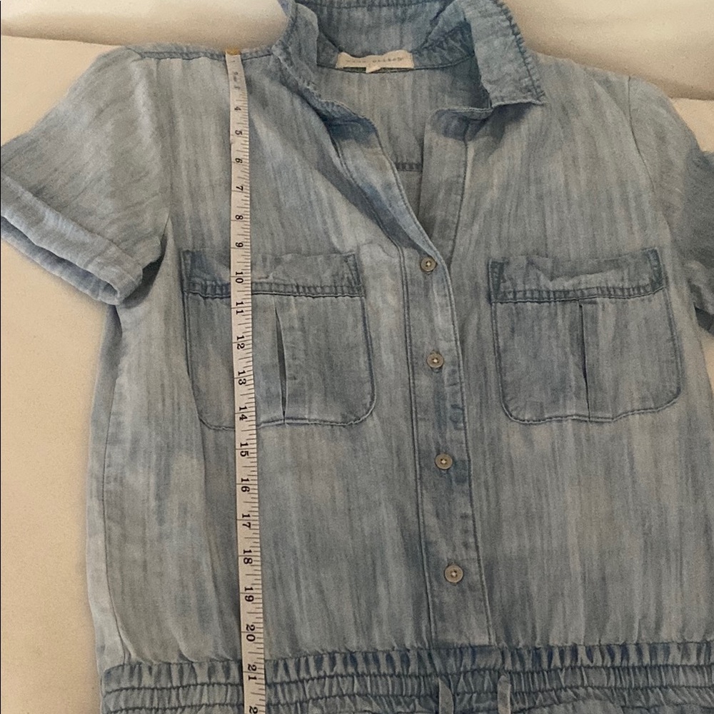 Side Stitch Denim Button Front Chambray Romper, Pockets, Tie Waist, Size Small - Picture 12 of 15